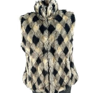 Pamela McCoy Vest Faux Fur Checkered Beige Black Gray Boho‎ Pockets Woman's M
